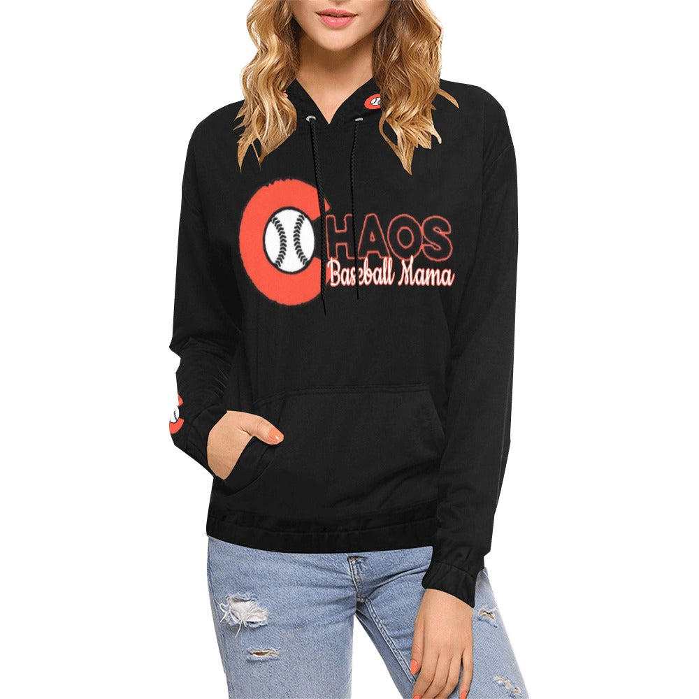 Chaos Baseball Mama Black All Over Print Hoodie for Women (USA Size) (Model H13)