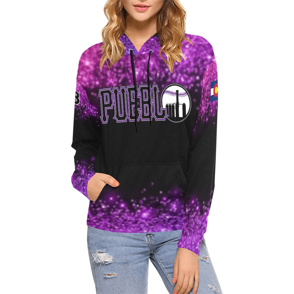 Pueblo Steel Logo purple PS Last name/Number Nickname Glitter All Over Print Hoodie for Women (USA Size) (Model H13)